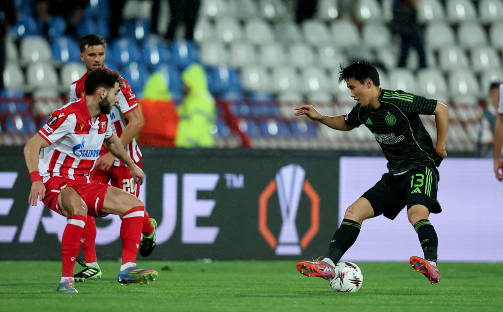 Celtic's Hyunjun Yang #13 (R) fights for the ball with Crvena Zvezda's Nayair Tiknizyan #23 (L) during the UEFA Europa League football match between Crvena Zvezda (Red Star Belgrade) and Celtic (Glasgow) at the "Rajko Mitic" stadium