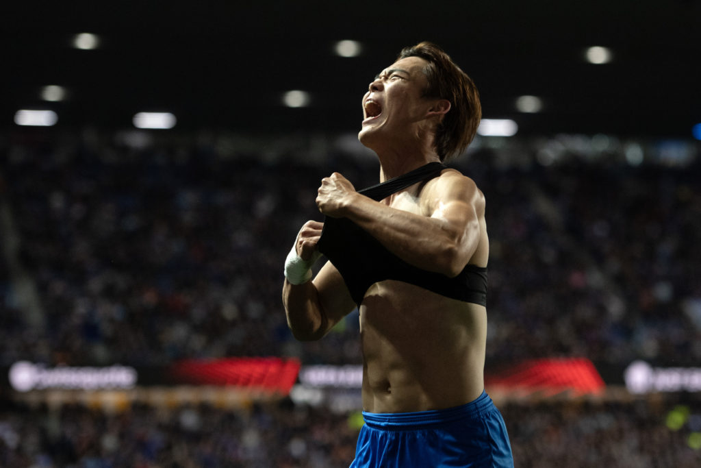 Hyeongyu Oh of KRC Genk celebrates scoring his team's goal during the UEFA Europa League 2025/26 League Phase MD1 match between Rangers FC and KRC Genk at Ibrox Stadium