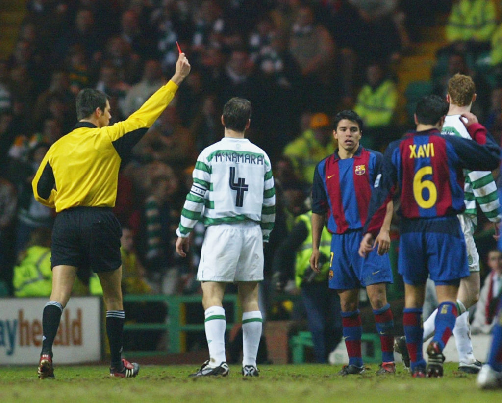 Javier Saviola of Barcelona is sent off during the UEFA Cup Fourth Round, First Leg match between Celtic and Barcelona at Celtic Park