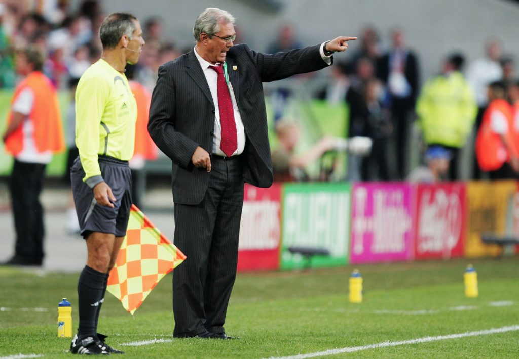 Manager of Ghana Ratomir Dujkovic gestures to the linesman during the FIFA World Cup Germany 2006 Group E match between Italy and Ghana