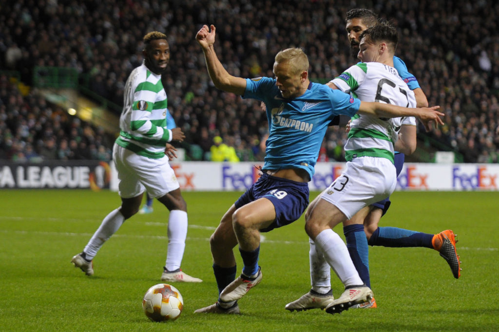 Zenit St Petersburg's Russian defender Igor Smolnikov (L) vies with Celtic's Scottish defender Kieran Tierney during the UEFA Europa League football match