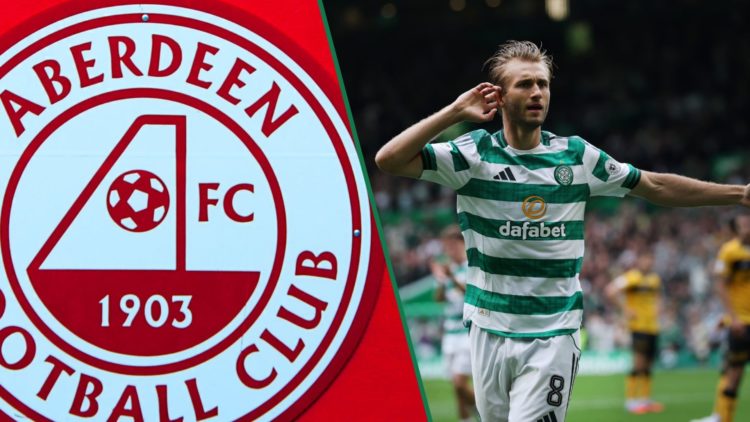 A detailed view of the Aberdeen club crest outside Pittodrie, Benjamin Nygren celebrates his goal for Celtic against Livingston in the Scottish Pre...