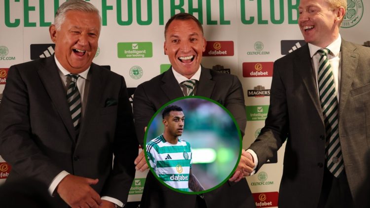 Image of Celtic manager Brendan Rodgers, Celtic CEO Michael Nicholson and Celtic chairman Peter Lawwell and Swansea City striker Adam Idah.