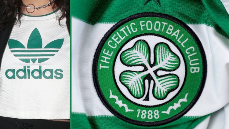 adidas Originals logo shown on woman's shirt left and close up view of Celtic badge right