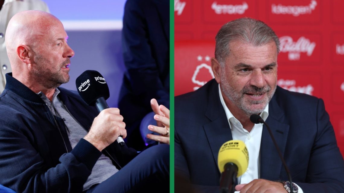 A split image of former Newcastle United striker Alan Shearer on punditry duty and Ange Postecoglou Unveiled As New Nottingham Forest Head Coach.