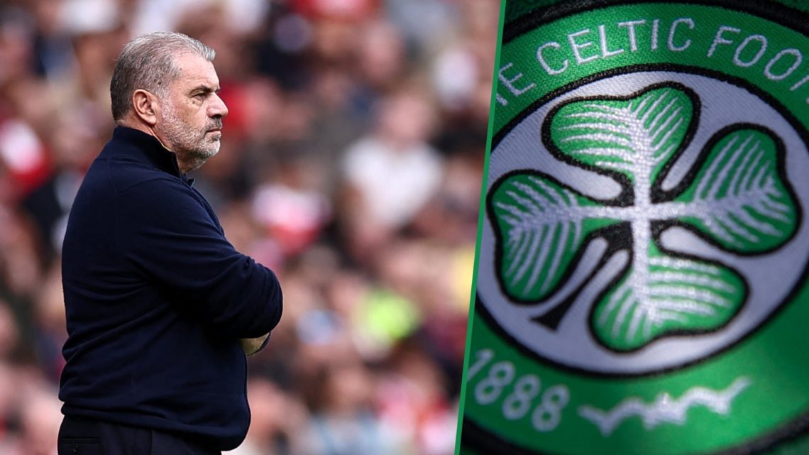Ange Postecoglou looks on during Nottingham Forest debut vs Arsenal left and close-up view of Celtic badge right