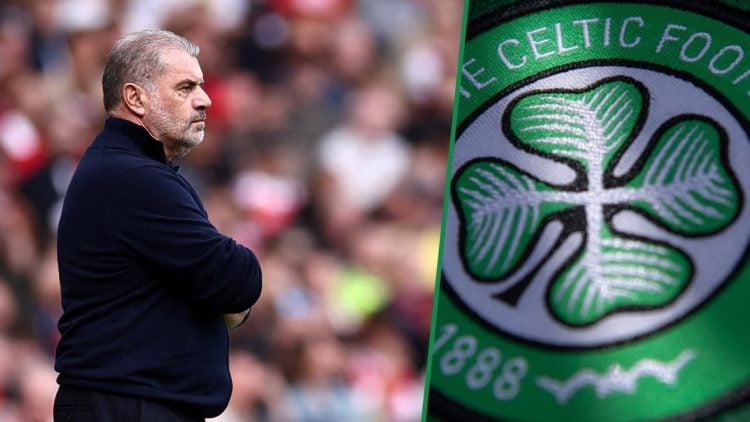 Ange Postecoglou looks on during Nottingham Forest debut vs Arsenal left and close-up view of Celtic badge right