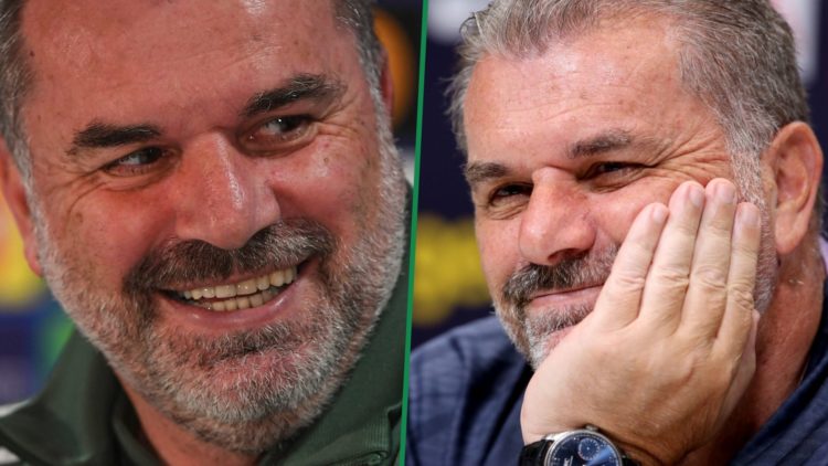 Split image showing Ange Postecoglou smiling as Celtic manager left and smirking as Tottenham Hotspur boss right