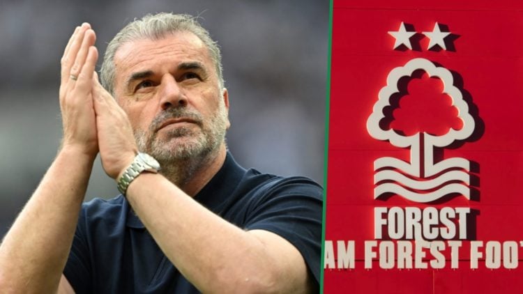 Ange Postecoglou clapping fans left and general view of Nottingham Forest badge on City Ground right