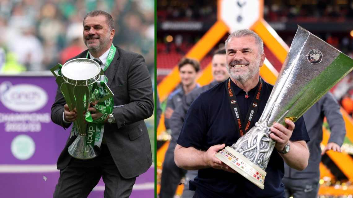 Split image of Ange Postecoglou celebrating winning the Scottish Premiership with Celtic and the Europa League with Tottenham Hotspur.
