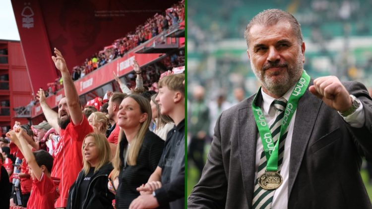 Split image of Ange Postecoglou enjoying success at Celtic and the Nottingham Forest fans.