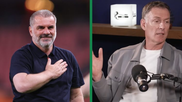 A split image of Ex-Celtic boss Ange Postecoglou signalling to the Tottenham fans after winning the Europa League and Chris Sutton working as a pun...