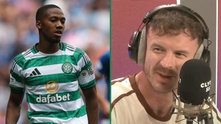 Michel-Ange Balikwisha passes the ball during Rangers vs Celtic left and Andy Halliday reacts during live Clyde 1 Superscoreboard radio show right