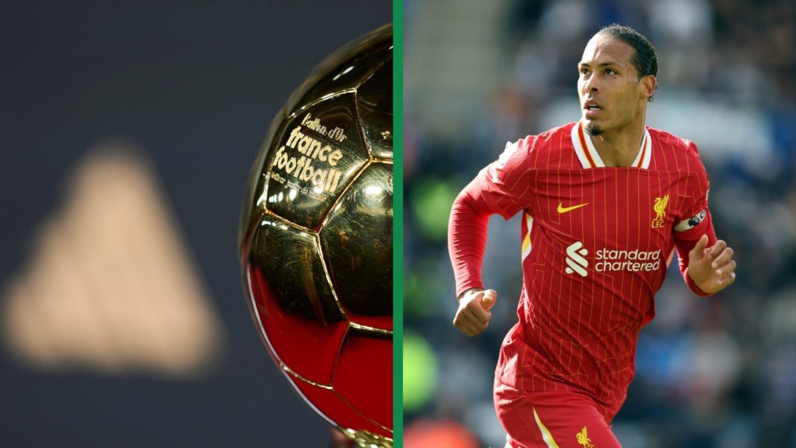 A split image of the Ballon D'or trophy close up and Virgil van Dijk in action for Liverpool.