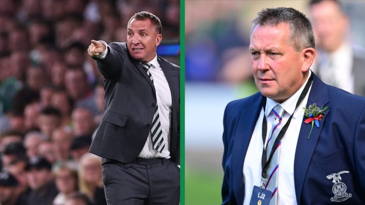 A split image of Brendan Rodgers pointing to a Celtic player during the Champions League game against Kairat Almaty and Billy Dodds in attendance f...