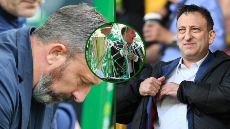 Split image of Hearts boss Derek McInnes and Hearts investor Tony Bloom with an overlay of Celtic manager