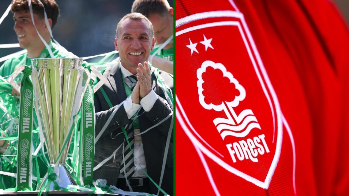 Split image of Celtic manager Brendan Rodgers and the Nottingham Forest badge.