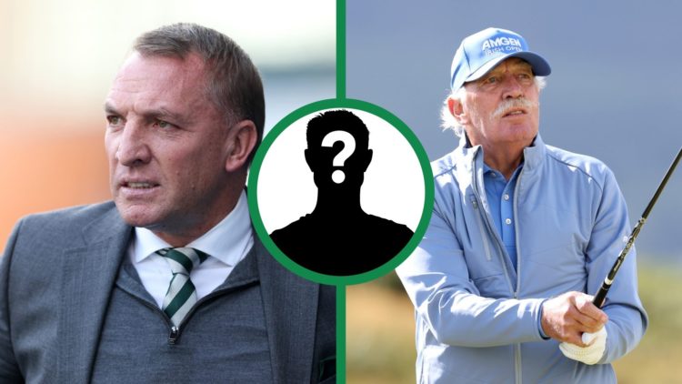 A split image of Brendan Rodgers watching Celtic against Rangers and Celtic's majority shareholder Dermot Desmond playing a round of golf.