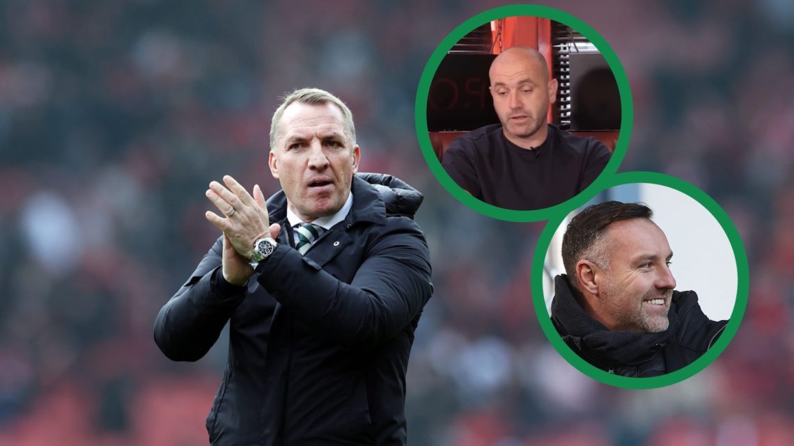 Brendan Rodgers applauds Celtic fans after the Scottish Cup semi final, including two insets of James McFadden speaks during Open Goal podcast reco...