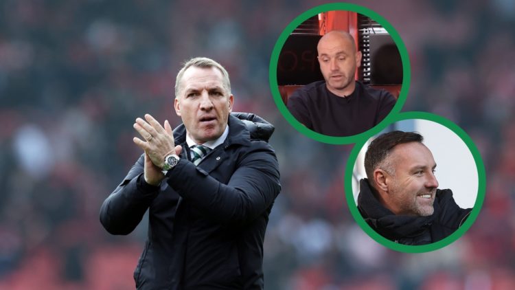 Brendan Rodgers applauds Celtic fans after the Scottish Cup semi final, including two insets of James McFadden speaks during Open Goal podcast reco...