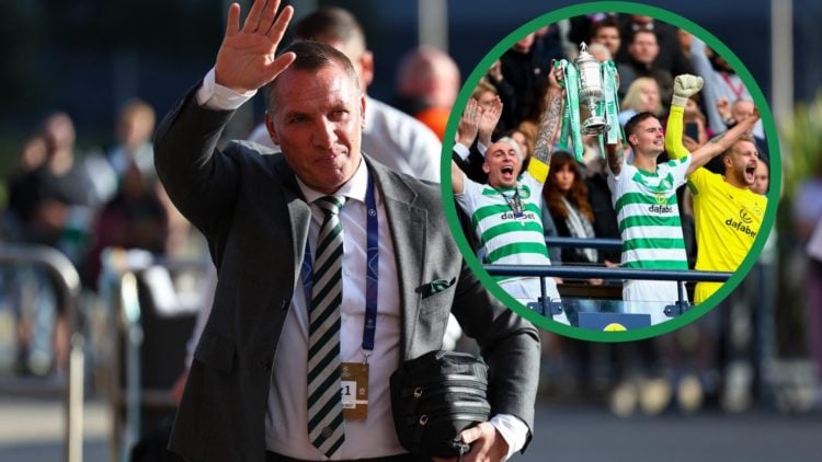 A split image of Brendan Rodgers waves to the Celtic fans after arriving for the Champions League play-off vs Kairat Almaty and Mikael Lustig Scott...