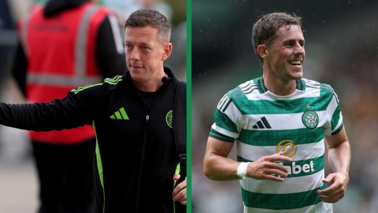 A split image of Callum McGregor arriving at Parkhead for Celtic vs Falkirk and Luke McCowan of Celtic in action during the pre-season friendly mat...