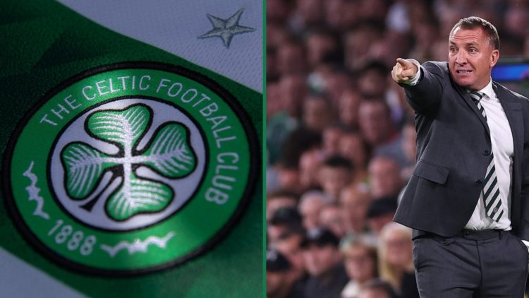 The Celtic badge on the front of the shirt, Brendan Rodgers points to a Celtic player during the Champions League game against Kairat Almaty