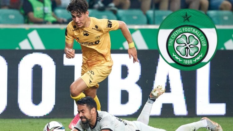 Sebastian Tounekti plays for Bodo/Glimt vs Legia Warsaw, an inset of the Celtic badge