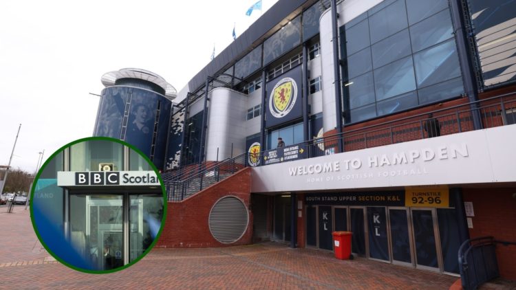 Image of the Hampden Stadium the home of the Scottish FA with an overlay of the BBC Scotland building.