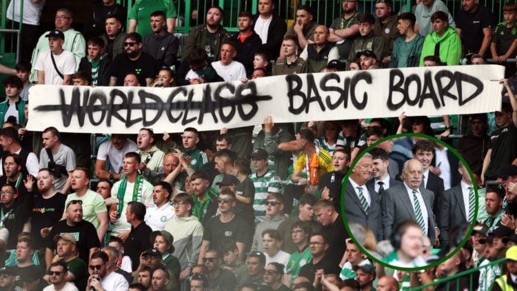 Image of Celtic supporters standing against the board with Celtic CEO Michael Nicholson, Celtic chairman Peter Lawwell and Celtic shareholder Dermo...