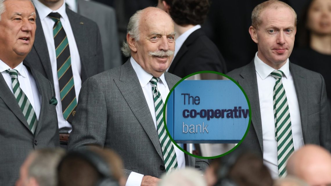 Image of Celtic chairman Peter Lawwell, Celtic shareholder Dermot Desmond and Celtic CEO Michael Nicholson with an overlay of the Co-Operative Bank.