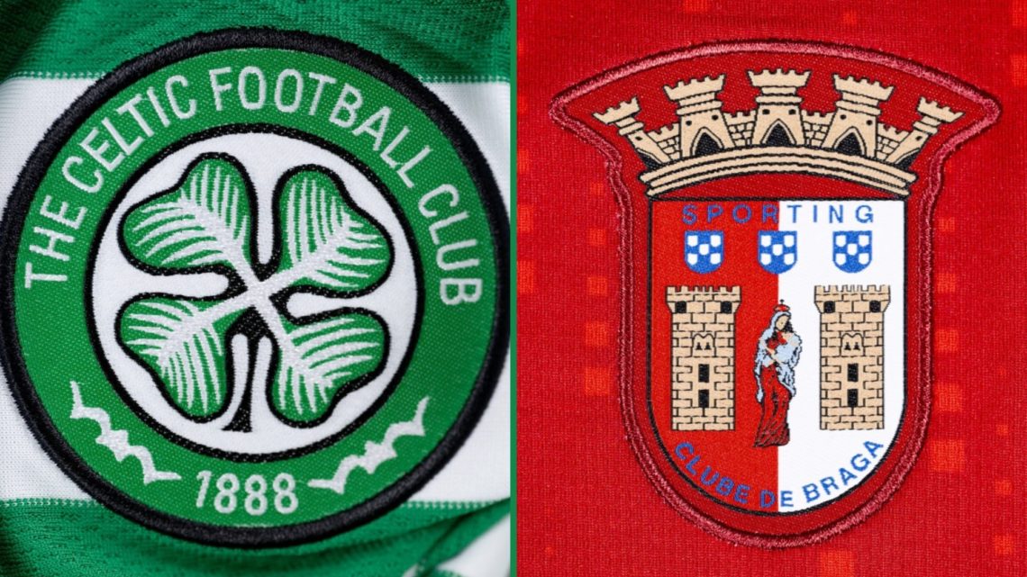 Split image showing close-up views of the Celtic and Braga badges