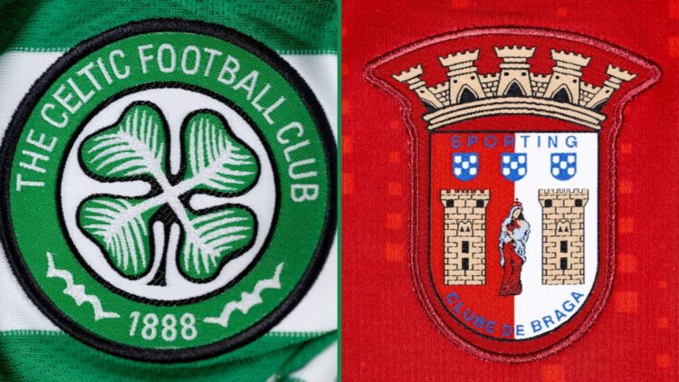 Split image showing close-up views of the Celtic and Braga badges