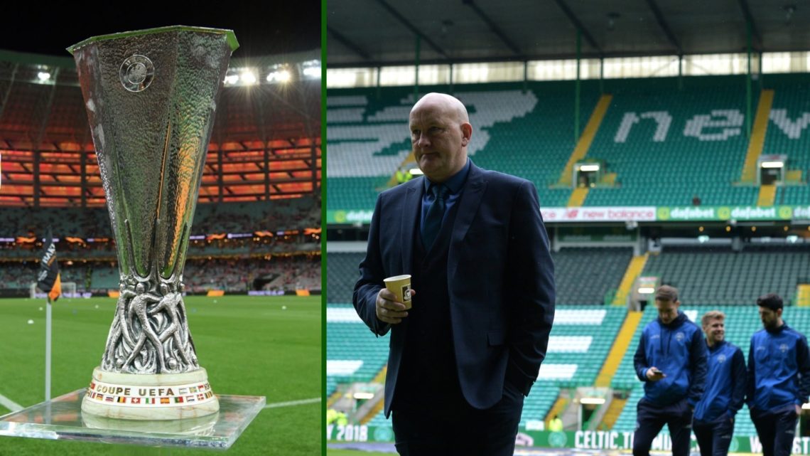 Split images of former Morton manager Jim Duffy at Celtic Park with the Europa League trophy.