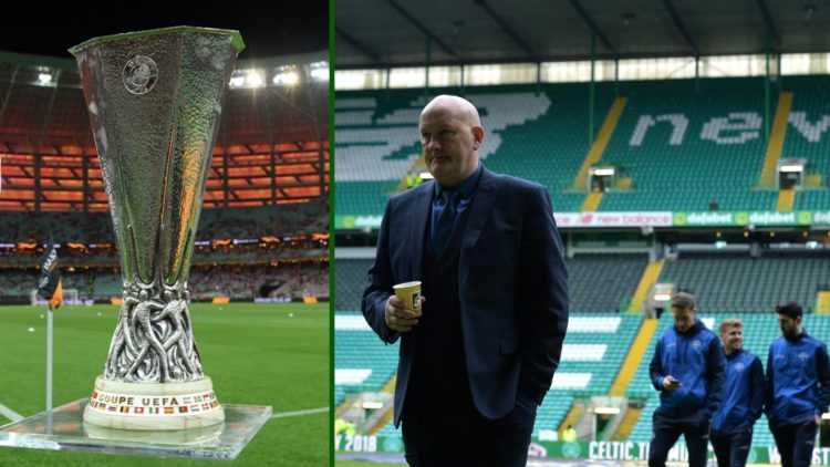 Split images of former Morton manager Jim Duffy at Celtic Park with the Europa League trophy.