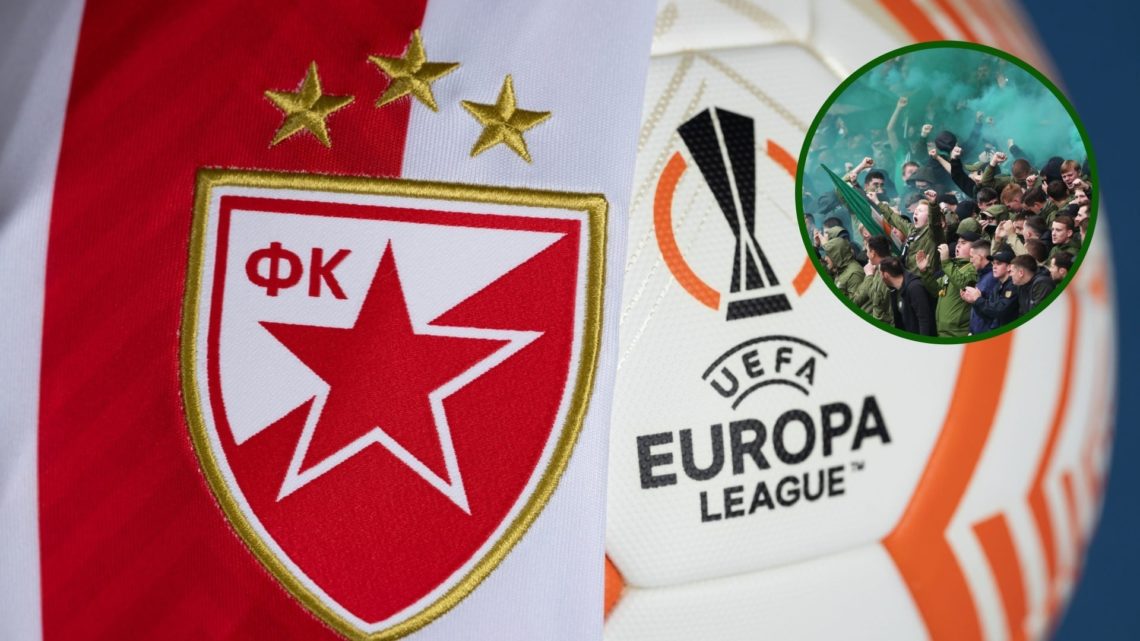 Image of Red Star Belgrade logo and the Europa League ball with an overlay of Celtic fans.