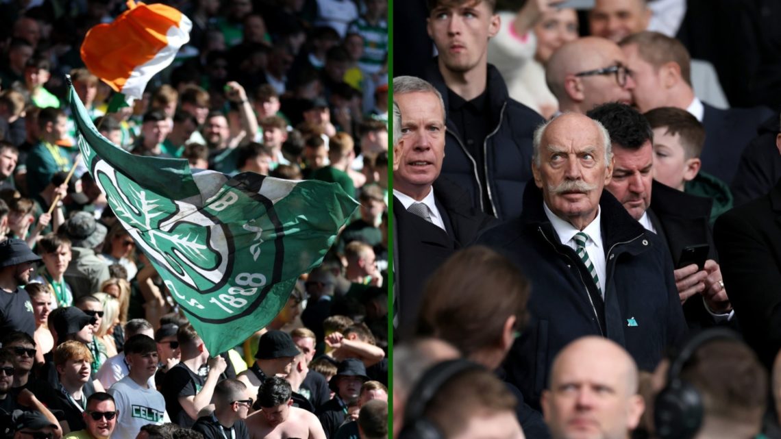 Split image of Celtic supporters with Celtic shareholder Dermot Desmond, Celtic CEO Michael Nicholson and Celtic chairman Peter Lawwell.