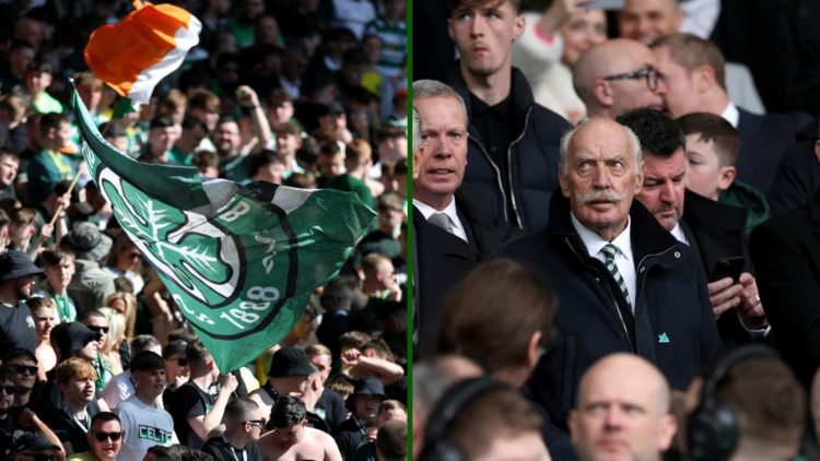Split image of Celtic supporters with Celtic shareholder Dermot Desmond, Celtic CEO Michael Nicholson and Celtic chairman Peter Lawwell.