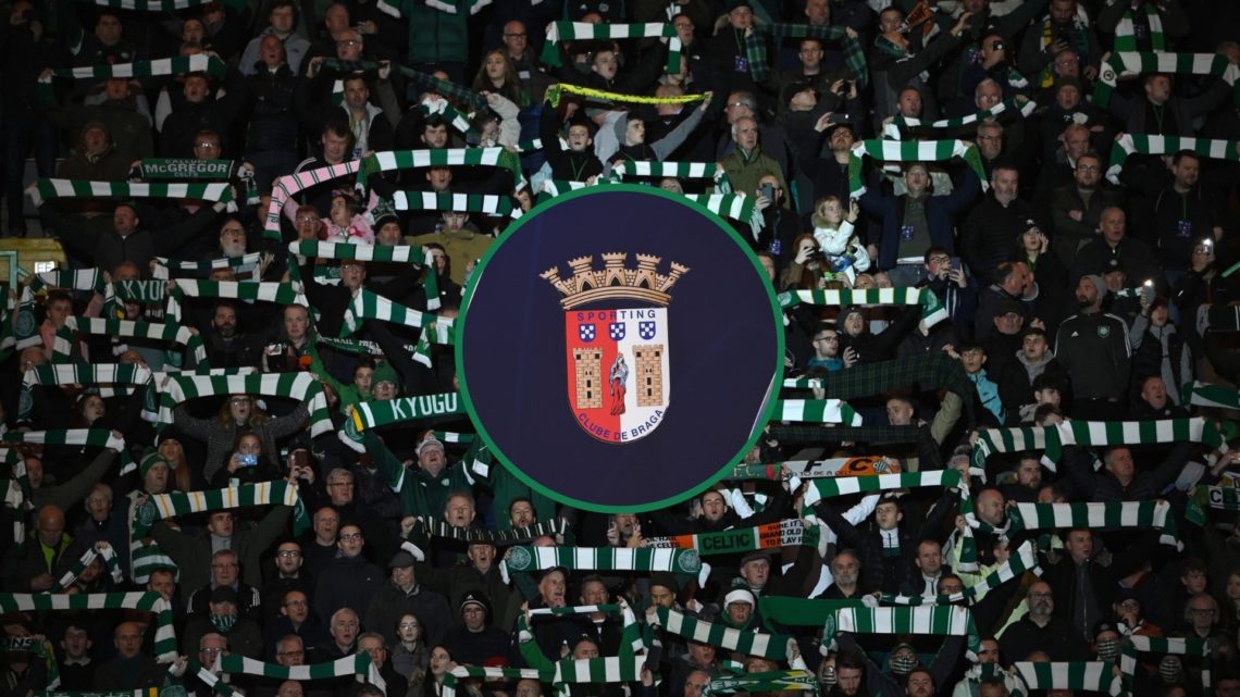 Celtic fans hold up their scarves before a Champions League match, an inset of the SC Braga badge