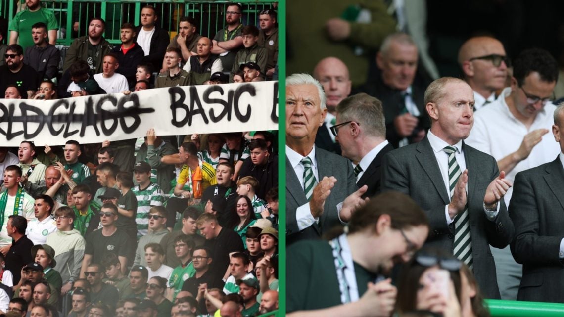 A split image of the Celtic fans protesting against the board against Livingston and the Celtic board members Peter Lawwell and Michael Nicholson a...