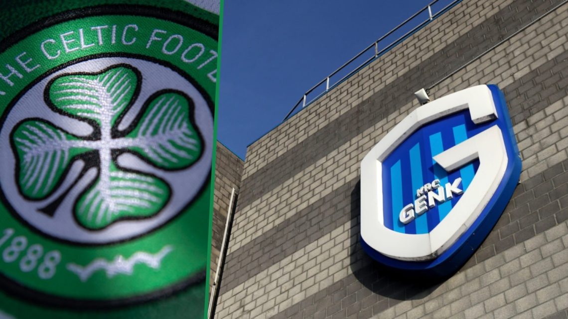 Close up view of Celtic badge left and RC Genk badge shown on bricked facade of their stadium right