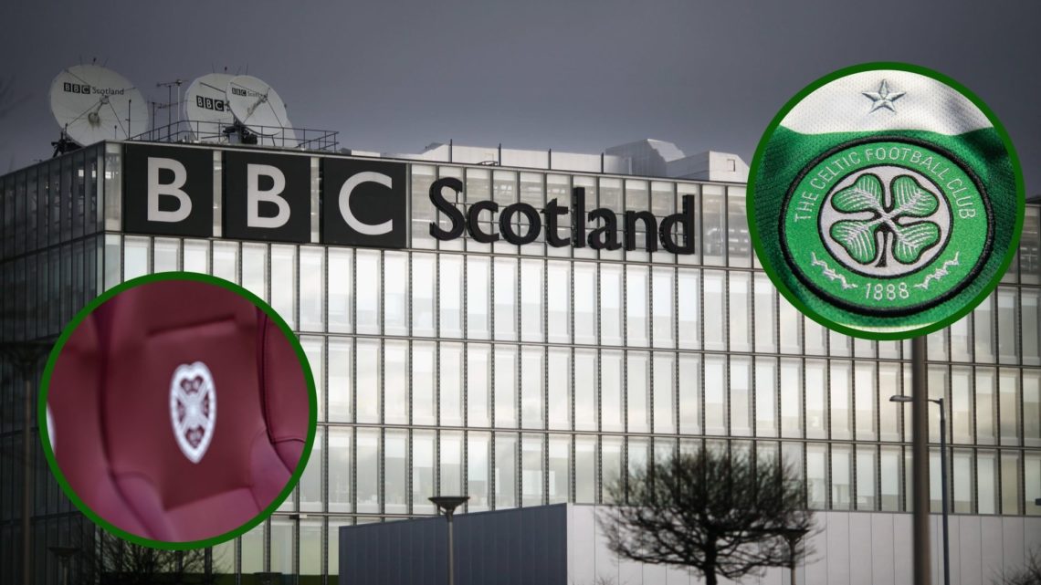 Image of BBC Scotland headquarters with an overlay of the Celtic and Hearts badges.