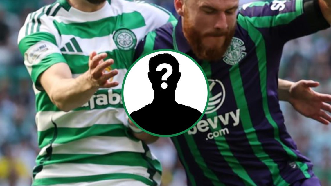Celtic and Hibs players tussle for the ball at Celtic Park with mystery overlay centre inset