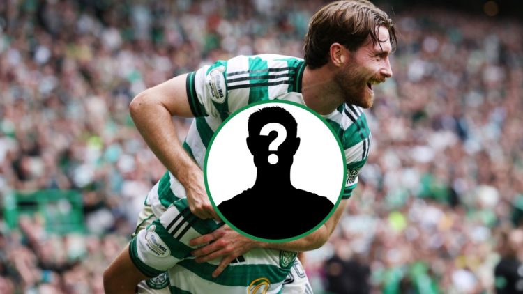 Anthony Ralston celebrates with a mystery Celtic player with question mark overlay covering his face