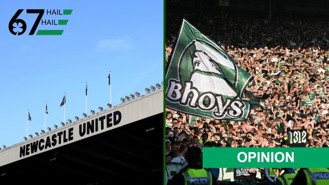 Split image of Newcastle United's stadium St James' Park and Celtic fans at Hampden.