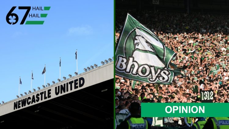 Split image of Newcastle United's stadium St James' Park and Celtic fans at Hampden.