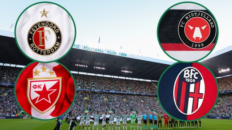 A general view of Celtic Park, an inset of the Bologna badge, inset of the Feyenoord badge, inset of the Red Star Belgrade badge, inset of the FC M...