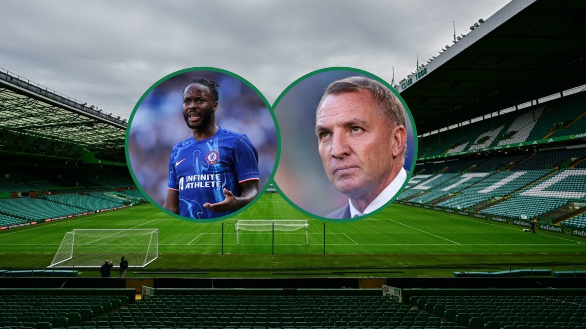A general view of Celtic Park before the friendly against Newcastle United, an inset of Raheem Sterling playing for Chelsea vs Inter Milan, an inse...