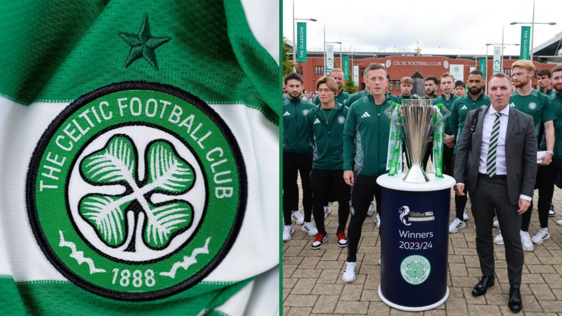 Celtic badge, Brendan Rodgers and the Celtic squad pose with the Scottish Premiership trophy
