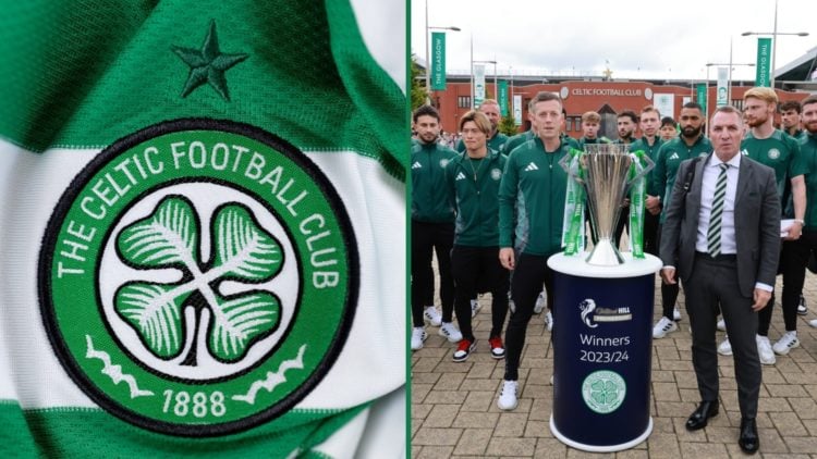 Celtic badge, Brendan Rodgers and the Celtic squad pose with the Scottish Premiership trophy